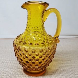 Vintage Kanawha Amber Honey Glass Hobnail Pitcher Vase 5.5"